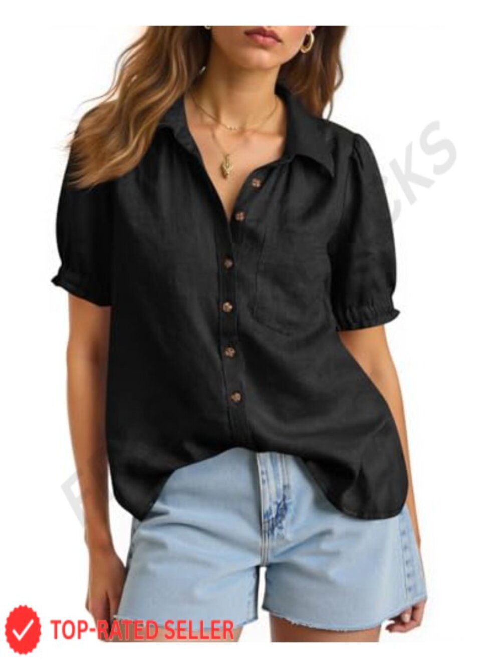 Puff Sleeve V Neck Cotton Blend Button Down Blouse